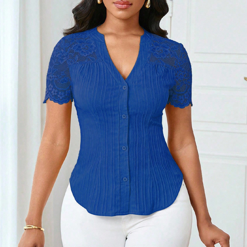 🌼LETZTER TAG – 60 % RABATT👚Sommerbluse für Damen mit V-Ausschnitt, Spitzenärmeln und Knopfleiste