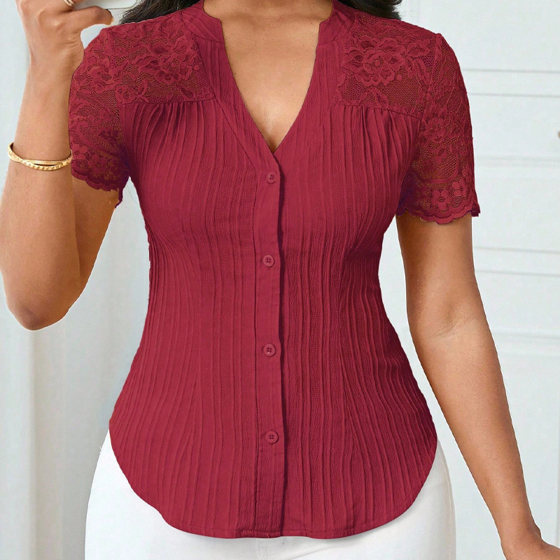 🌼LETZTER TAG – 60 % RABATT👚Sommerbluse für Damen mit V-Ausschnitt, Spitzenärmeln und Knopfleiste