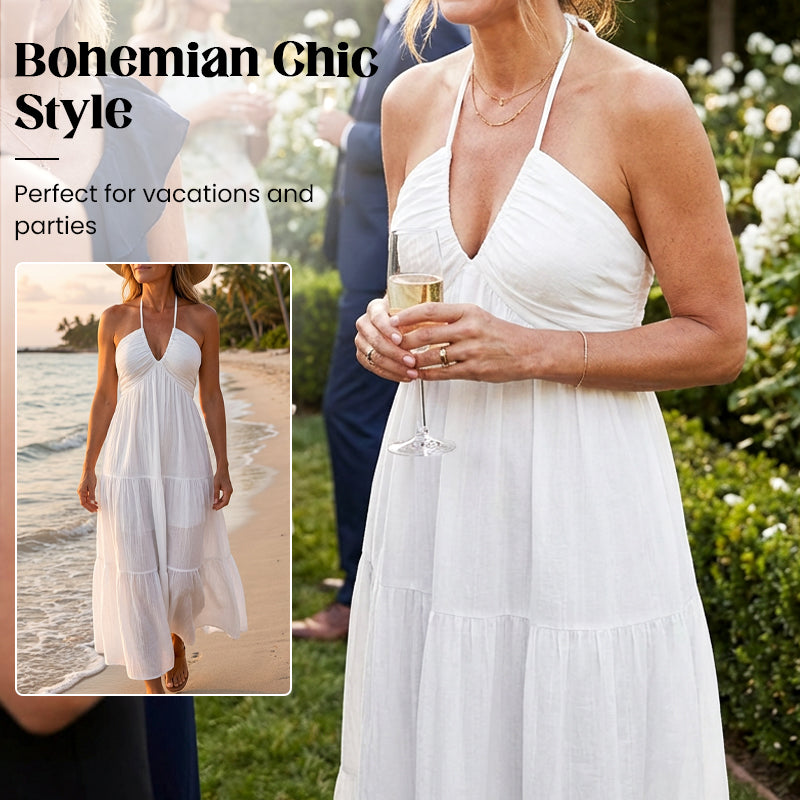 👗☀️ 50% RABATT! Halsfreies, rückenfreies Layering-Maxikleid – Bohemian Chic, fließend & perfekt für Frühling & Sommer ✨