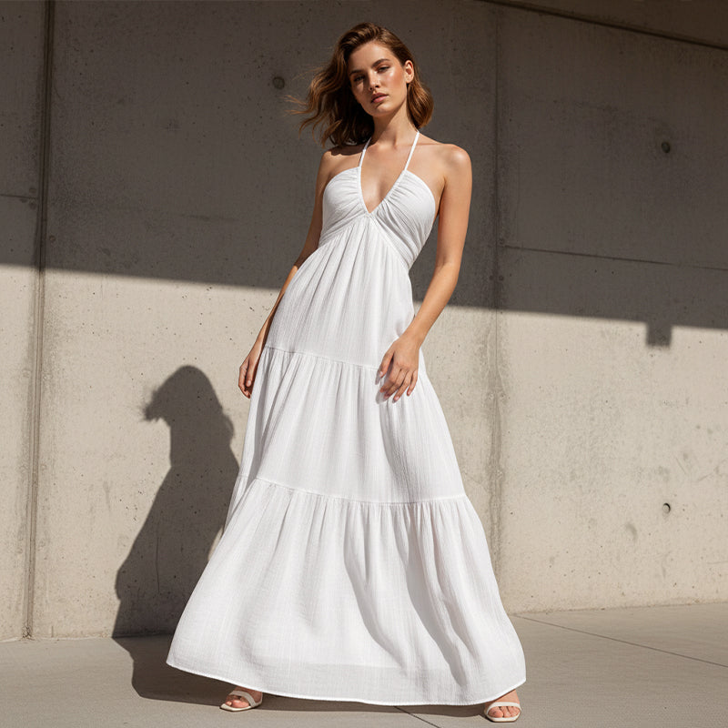 👗☀️ 50% RABATT! Halsfreies, rückenfreies Layering-Maxikleid – Bohemian Chic, fließend & perfekt für Frühling & Sommer ✨