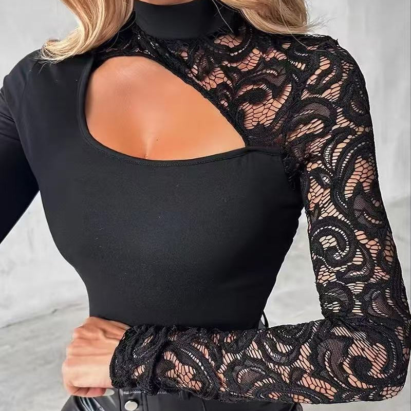 Damen Oberteil mit asymmetrischem Cut-Out und Spitzenärmeln