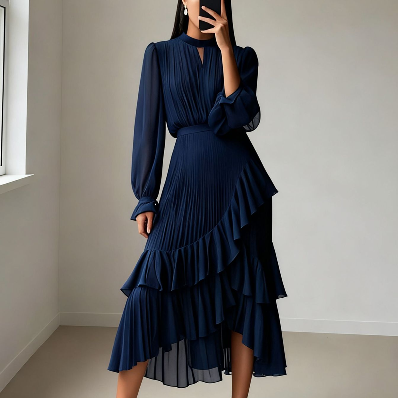 ✨Damen Plissee-Midikleid mit Volants und Schlüsselloch-Ausschnitt🌸💞