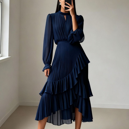 ✨Damen Plissee-Midikleid mit Volants und Schlüsselloch-Ausschnitt🌸💞