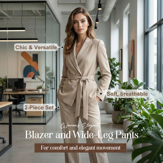 Eleganter Damen Hosenanzug: Blazer mit Bindegürtel und Hose mit weitem Bein