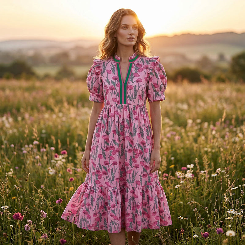 👗 50% RABATT! 🌸 Damen Maxikleid mit Blumendruck & Puffärmeln – Romantischer Stil, Fließender Stoff & Perfekt für den Sommer ☀️