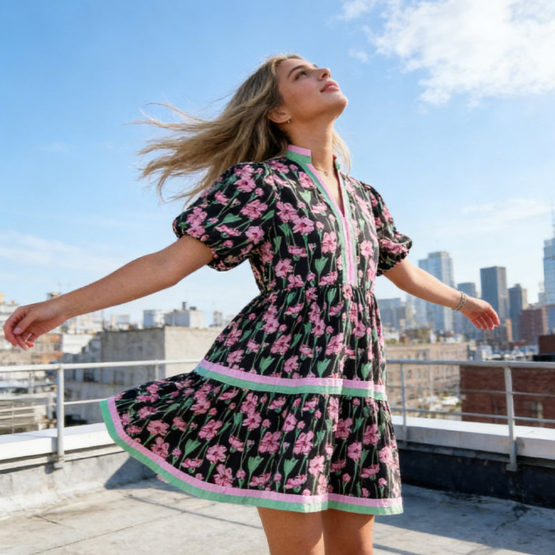 🌞Frühlingserwachen: 50% Rabatt!🌸Damen Florales Puffärmel-Minikleid – Kontrastbesatz & A-Linie für Sommer