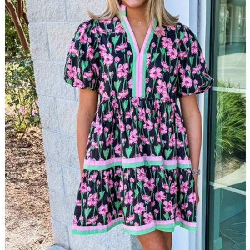 🌞Frühlingserwachen: 50% Rabatt!🌸Damen Florales Puffärmel-Minikleid – Kontrastbesatz & A-Linie für Sommer