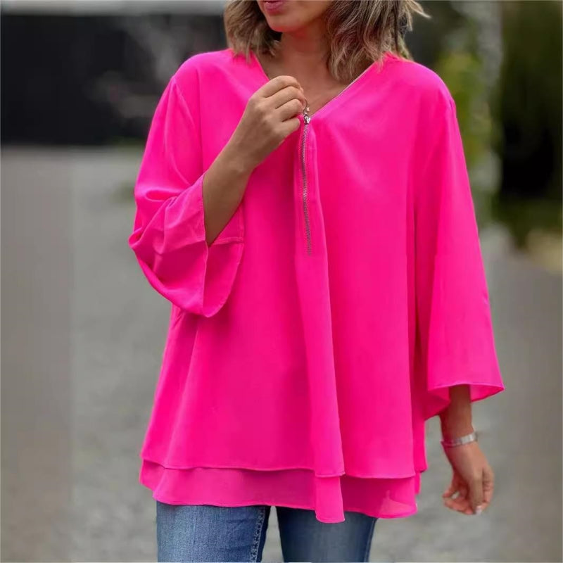 🌞Frühlingserwachen: 50% Rabatt!✨Damen Doppelschichtiges 3/4-Ärmel Top – V-Ausschnitt mit verstellbarem Metallreißverschluss