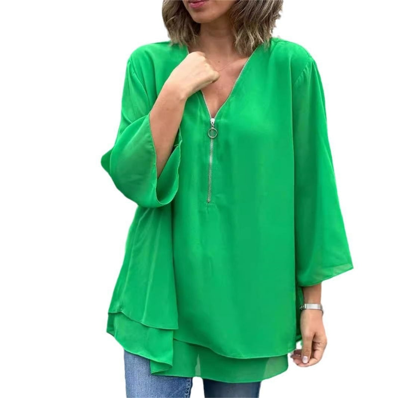 🌞Frühlingserwachen: 50% Rabatt!✨Damen Doppelschichtiges 3/4-Ärmel Top – V-Ausschnitt mit verstellbarem Metallreißverschluss