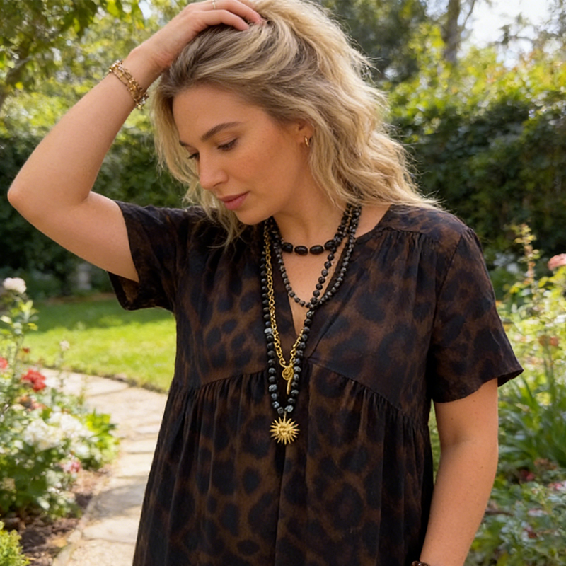 💞Neuankunft 60% Rabatt👗Damen V-Ausschnitt Leopard Druck Maxi Kleid mit kostenloser Halskette📿💎
