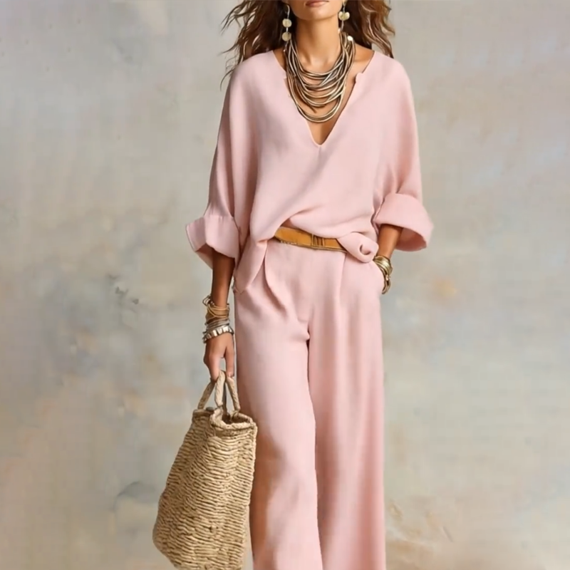 ✨🔥2-teiliges Set aus Damen-Top mit V-Ausschnitt und Hose mit weitem Bein