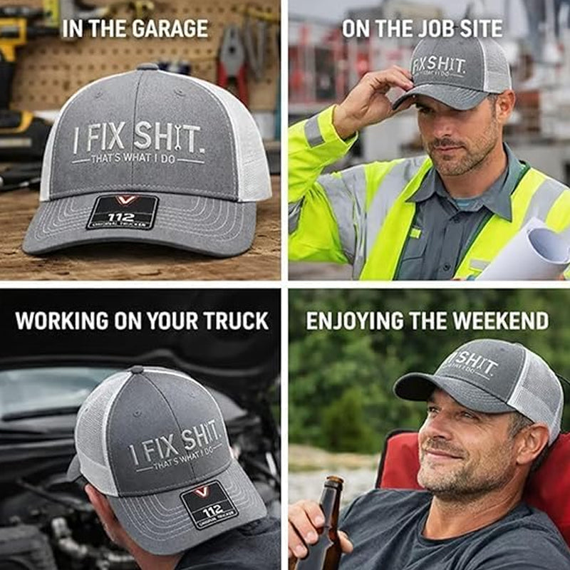 🧢 AKTION: 50% RABATT AUF ALLE CAPS! ✨ Trucker-Cap mit „I Fix Shit“-Stickerei – Atmungsaktives Mesh, Sonnenschutz & Verstellbar 🛠️
