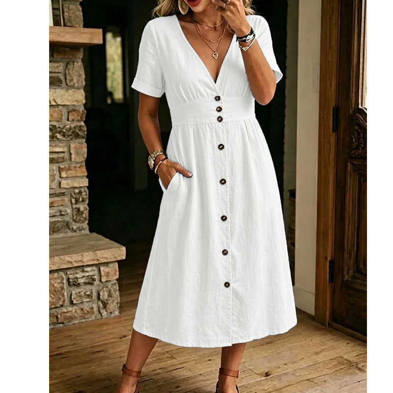 ✨Neue Sonderangebote-Sommerkleid für Damen mit V-Ausschnitt und Knopfleiste