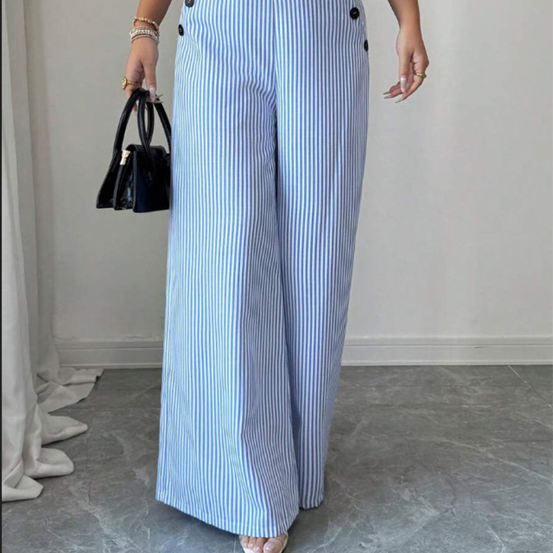 ✨Damen Leinenhose mit Blau-Weiß-Streifen 👖 Hohe Taille & Lockerer Gerader Schnitt