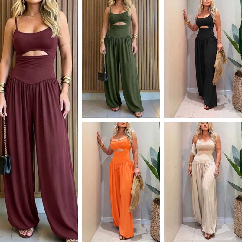 🎁Neuwaren 50% Rabatt💥🖤Ärmelloser Jumpsuit✨Cut-out Design｜Weites Bein｜Rückseite zum Binden