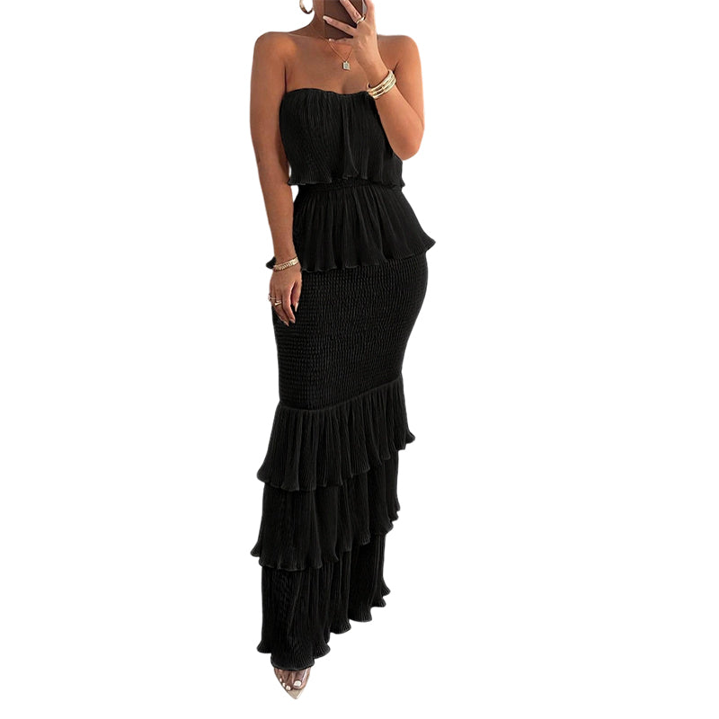 Trägerloses Damen Stufenkleid mit Rüschen – Gesmoktes Bandeau Sommerkleid