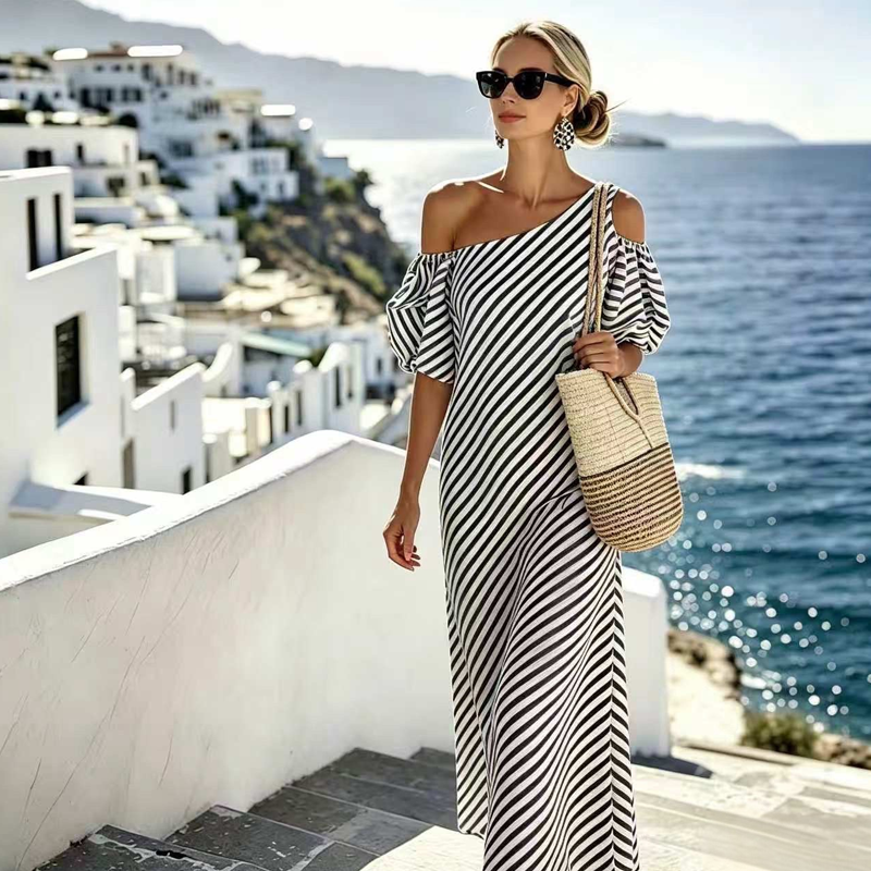 👗 NUR FÜR BEGRENZTE ZEIT: 50 % RABATT! ✨ Gestreiftes Off-Shoulder-Kleid für Damen – elegant, fließend, sommerlich-schick 🌊