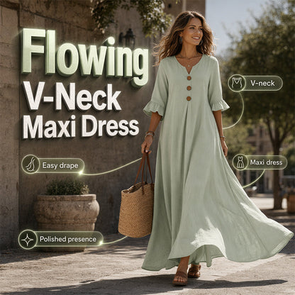 👗🌸 50% RABATT! Damen V-Ausschnitt Lockeres Maxikleid – Luftig, fließend & perfekt für Sommer, Strand & besondere Anlässe ☀️✨