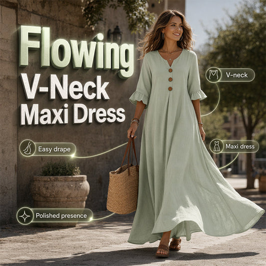 👗🌸 50% RABATT! Damen V-Ausschnitt Lockeres Maxikleid – Luftig, fließend & perfekt für Sommer, Strand & besondere Anlässe ☀️✨