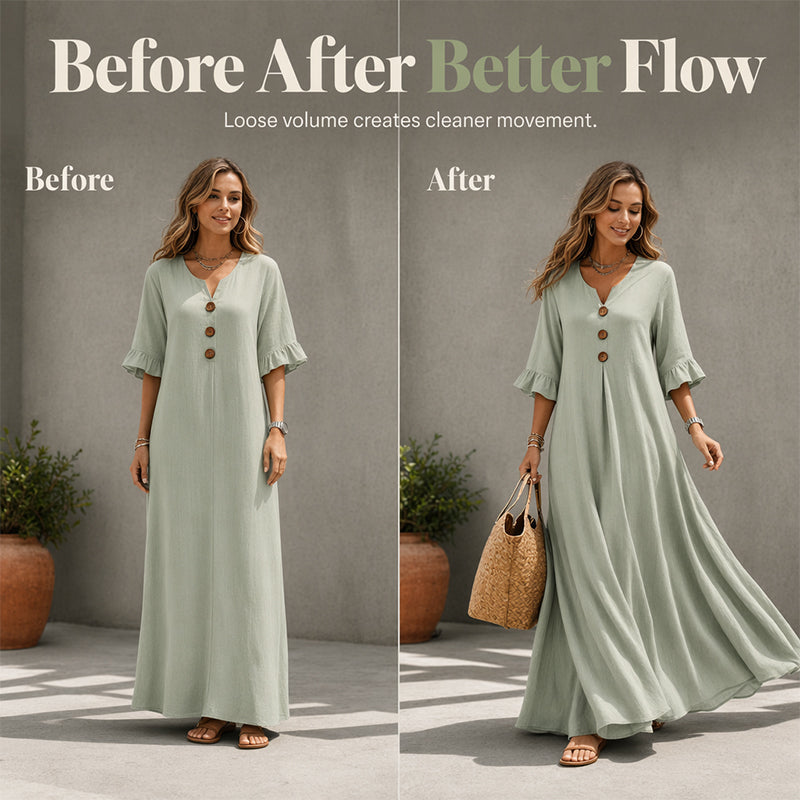 👗🌸 50% RABATT! Damen V-Ausschnitt Lockeres Maxikleid – Luftig, fließend & perfekt für Sommer, Strand & besondere Anlässe ☀️✨
