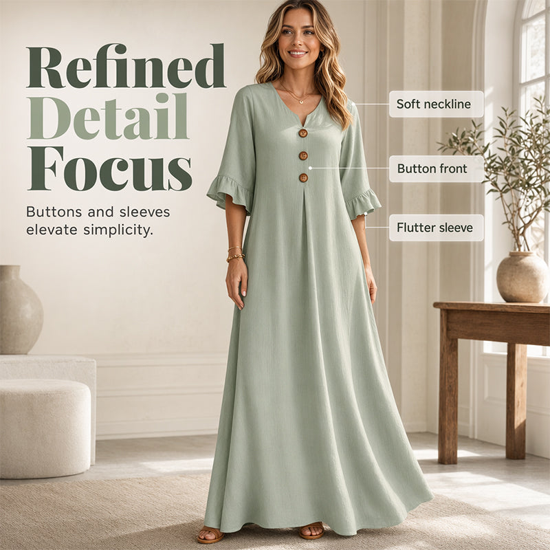 👗🌸 50% RABATT! Damen V-Ausschnitt Lockeres Maxikleid – Luftig, fließend & perfekt für Sommer, Strand & besondere Anlässe ☀️✨