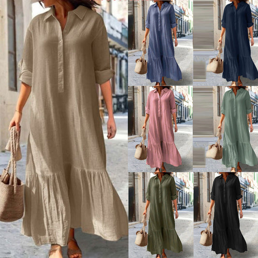 👗 ZEITLICH BEGRENZT 50% RABATT! ✨ Damen Vintage Revers-Ausschnitt Langes Kleid – Asymmetrischer Saum, Weiches Gewebe, Zeitloser Stil 🌸