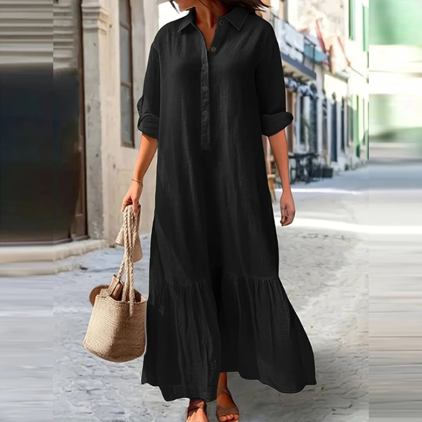 👗 ZEITLICH BEGRENZT 50% RABATT! ✨ Damen Vintage Revers-Ausschnitt Langes Kleid – Asymmetrischer Saum, Weiches Gewebe, Zeitloser Stil 🌸