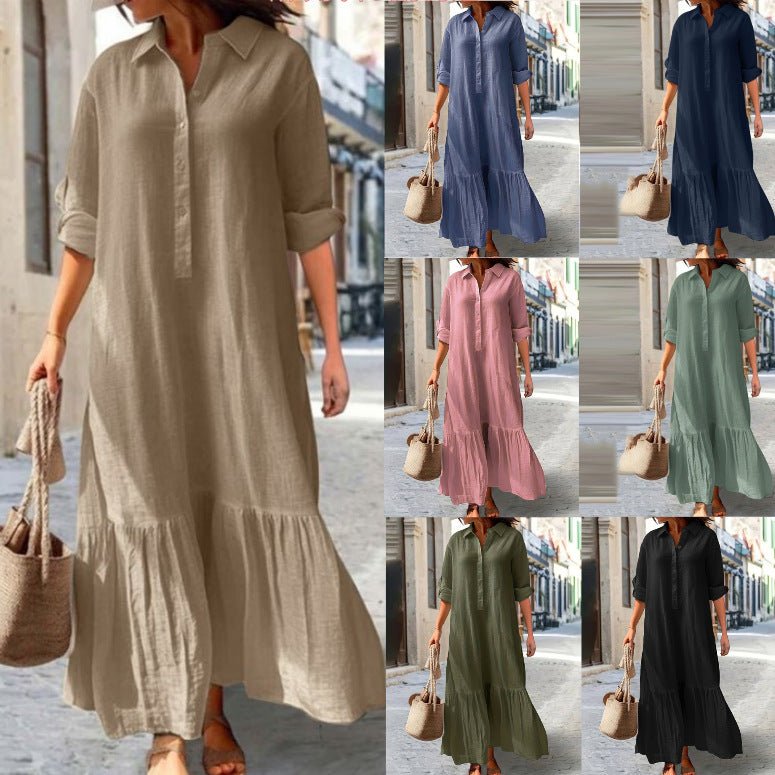 👗 ZEITLICH BEGRENZT 50% RABATT! ✨ Damen Vintage Revers-Ausschnitt Langes Kleid – Asymmetrischer Saum, Weiches Gewebe, Zeitloser Stil 🌸