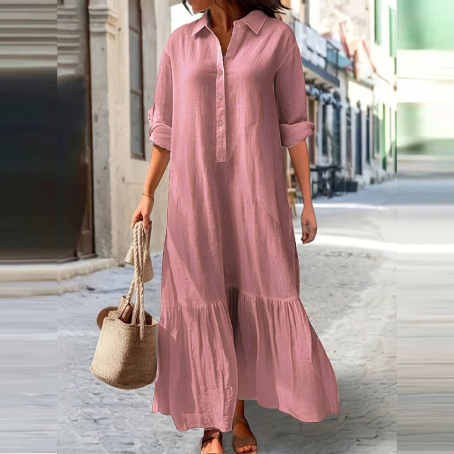 👗 ZEITLICH BEGRENZT 50% RABATT! ✨ Damen Vintage Revers-Ausschnitt Langes Kleid – Asymmetrischer Saum, Weiches Gewebe, Zeitloser Stil 🌸