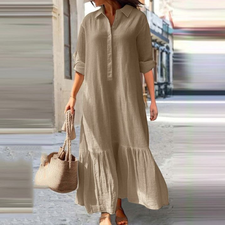 👗 ZEITLICH BEGRENZT 50% RABATT! ✨ Damen Vintage Revers-Ausschnitt Langes Kleid – Asymmetrischer Saum, Weiches Gewebe, Zeitloser Stil 🌸