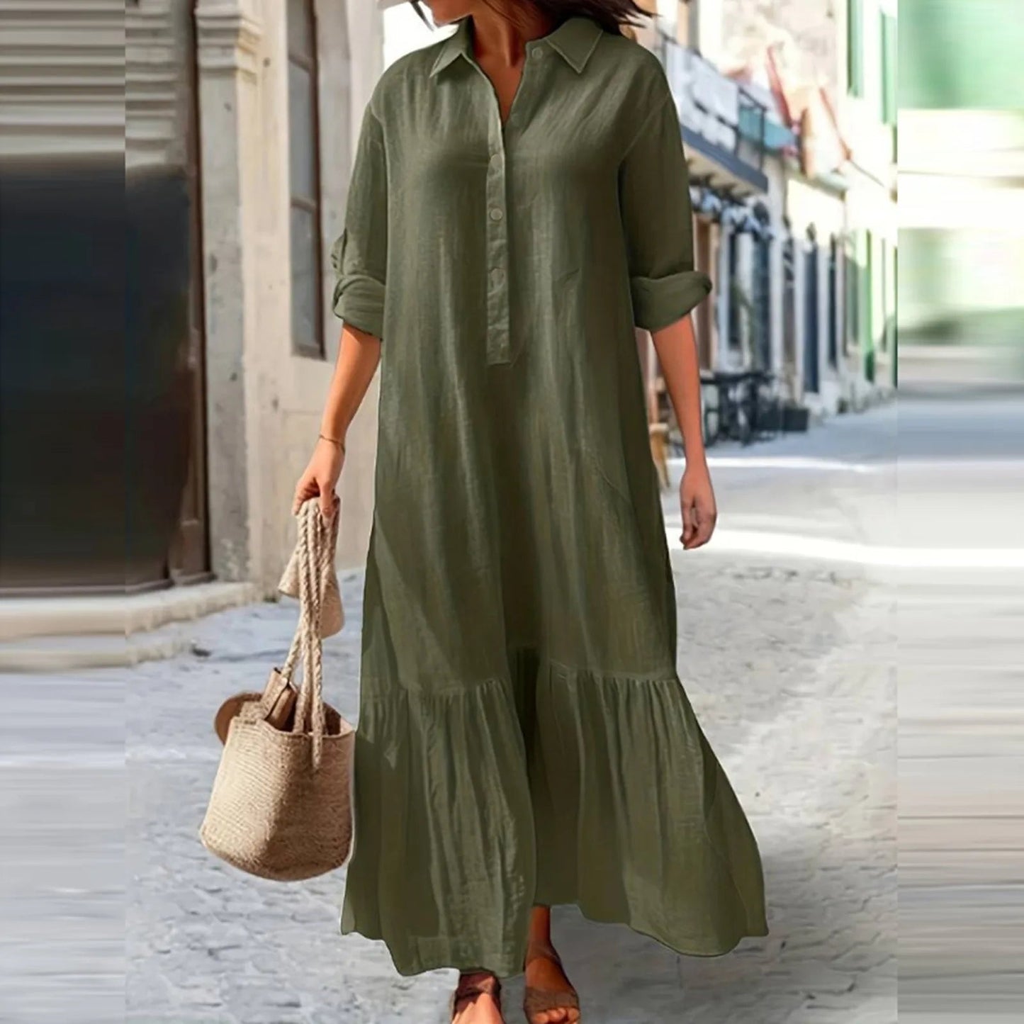 👗 ZEITLICH BEGRENZT 50% RABATT! ✨ Damen Vintage Revers-Ausschnitt Langes Kleid – Asymmetrischer Saum, Weiches Gewebe, Zeitloser Stil 🌸