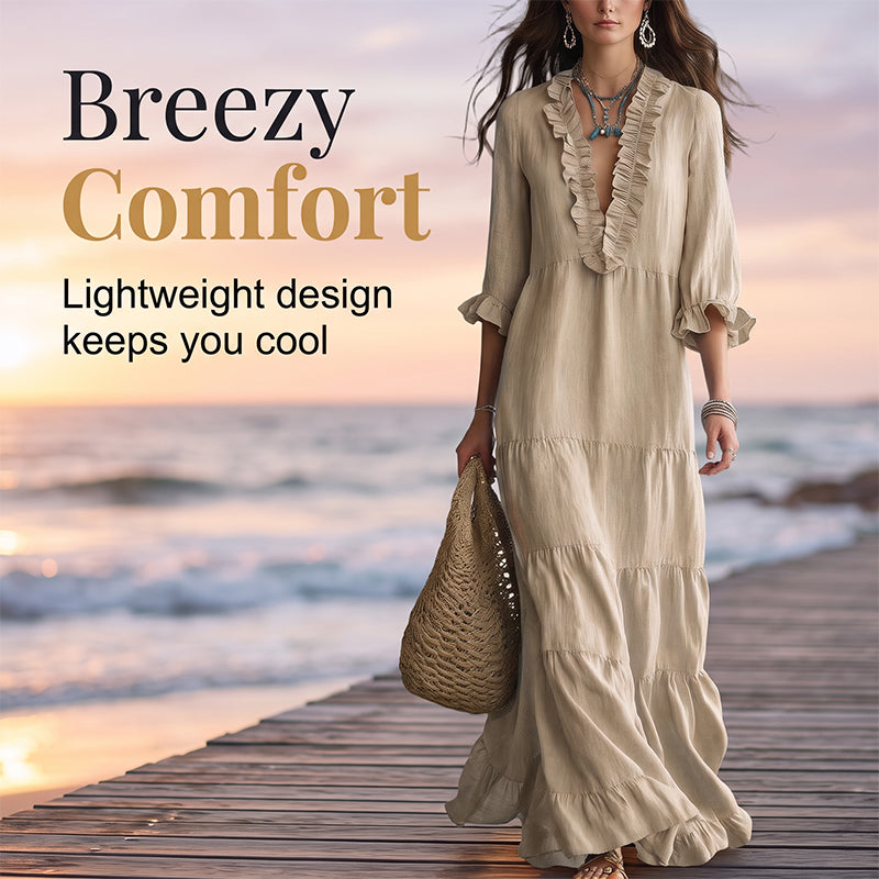 👗 50% RABATT! ✨ Damen Rüschenbesatz V-Ausschnitt Maxikleid – Gestuft, leicht & romantisch – Perfekt für Sommer, Strand oder besondere Anlässe – femininer Look mit viel Bewegung 🌸💃☀️