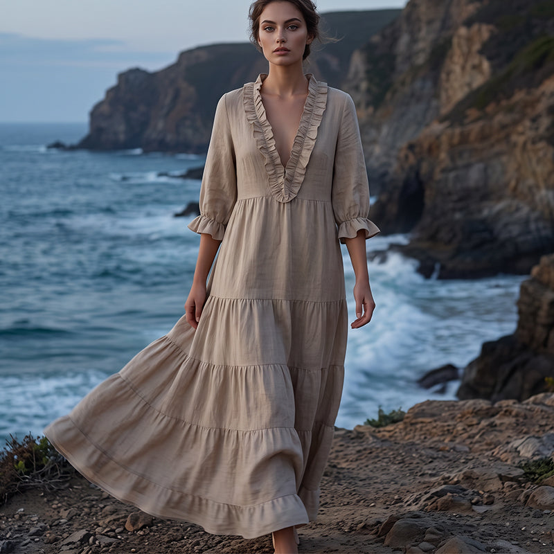 👗 50% RABATT! ✨ Damen Rüschenbesatz V-Ausschnitt Maxikleid – Gestuft, leicht & romantisch – Perfekt für Sommer, Strand oder besondere Anlässe – femininer Look mit viel Bewegung 🌸💃☀️