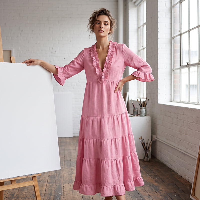 👗 50% RABATT! ✨ Damen Rüschenbesatz V-Ausschnitt Maxikleid – Gestuft, leicht & romantisch – Perfekt für Sommer, Strand oder besondere Anlässe – femininer Look mit viel Bewegung 🌸💃☀️