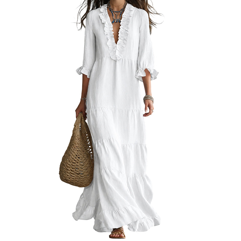 👗 50% RABATT! ✨ Damen Rüschenbesatz V-Ausschnitt Maxikleid – Gestuft, leicht & romantisch – Perfekt für Sommer, Strand oder besondere Anlässe – femininer Look mit viel Bewegung 🌸💃☀️