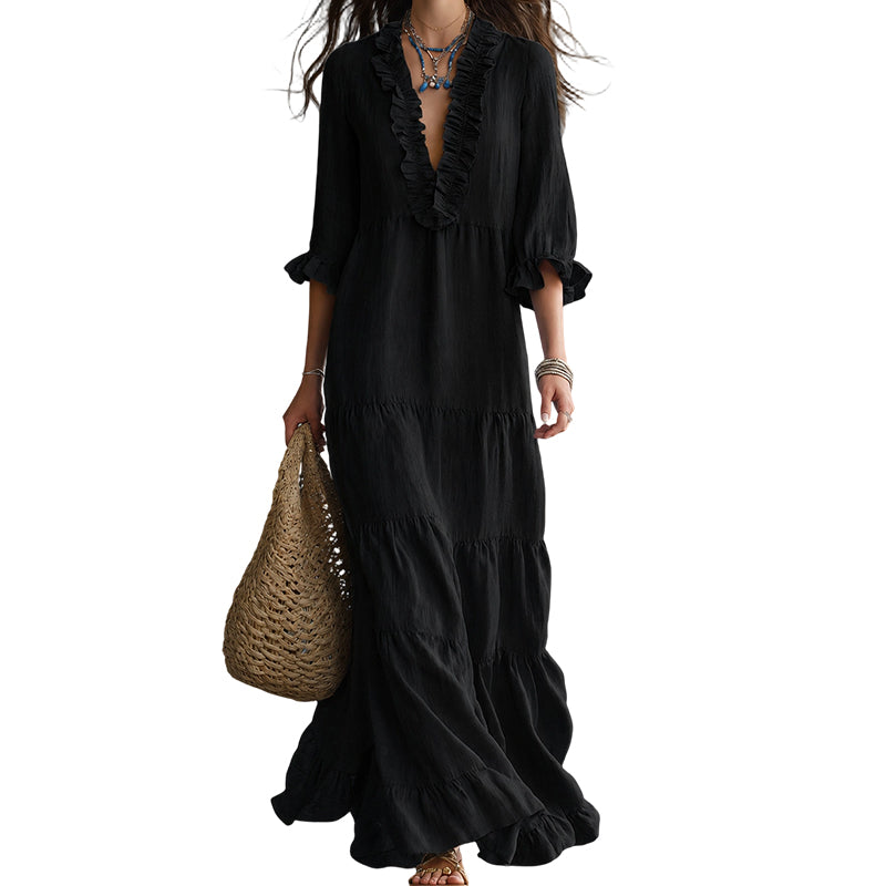 👗 50% RABATT! ✨ Damen Rüschenbesatz V-Ausschnitt Maxikleid – Gestuft, leicht & romantisch – Perfekt für Sommer, Strand oder besondere Anlässe – femininer Look mit viel Bewegung 🌸💃☀️