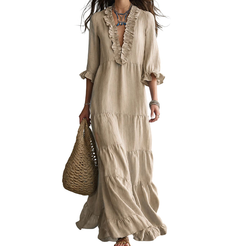 👗 50% RABATT! ✨ Damen Rüschenbesatz V-Ausschnitt Maxikleid – Gestuft, leicht & romantisch – Perfekt für Sommer, Strand oder besondere Anlässe – femininer Look mit viel Bewegung 🌸💃☀️
