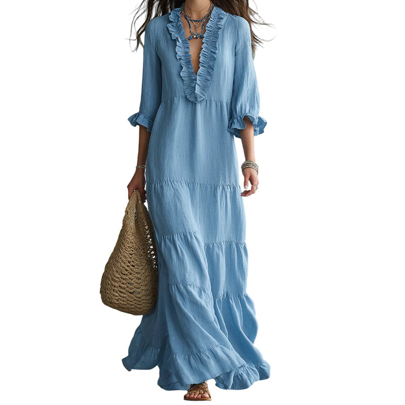👗 50% RABATT! ✨ Damen Rüschenbesatz V-Ausschnitt Maxikleid – Gestuft, leicht & romantisch – Perfekt für Sommer, Strand oder besondere Anlässe – femininer Look mit viel Bewegung 🌸💃☀️