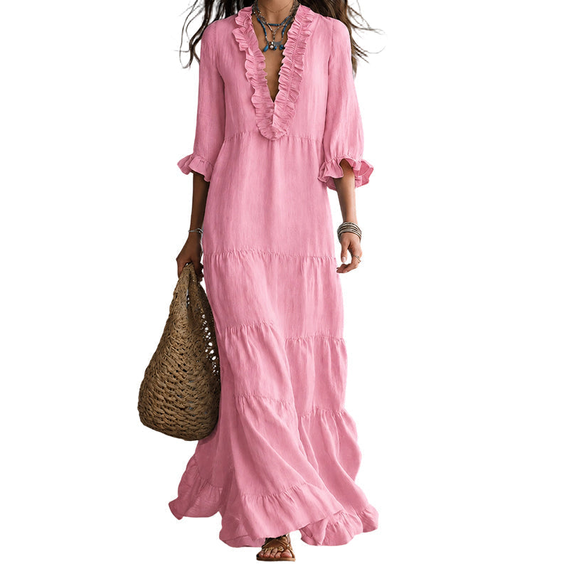 👗 50% RABATT! ✨ Damen Rüschenbesatz V-Ausschnitt Maxikleid – Gestuft, leicht & romantisch – Perfekt für Sommer, Strand oder besondere Anlässe – femininer Look mit viel Bewegung 🌸💃☀️