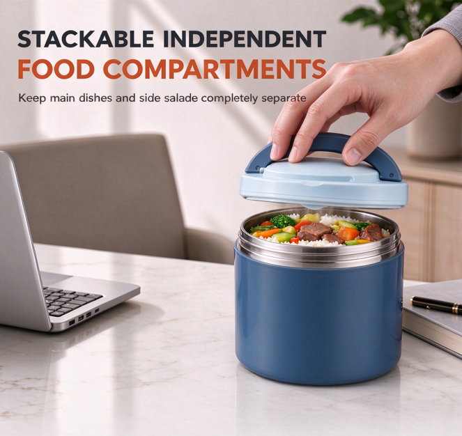 Portable Stainless Steel Insulated Lunch Box with Lid Multi Layer Stackable Bento Food Container for Students and Office Workers
