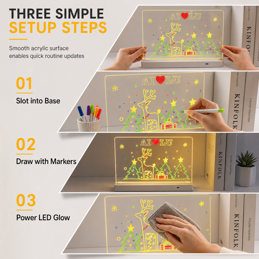 Wiederaufladbares LED-Acryl-Notizboard – Leuchtende trocken abwischbare Schreibtafel mit Ständer für Notizen & Preisanzeigen