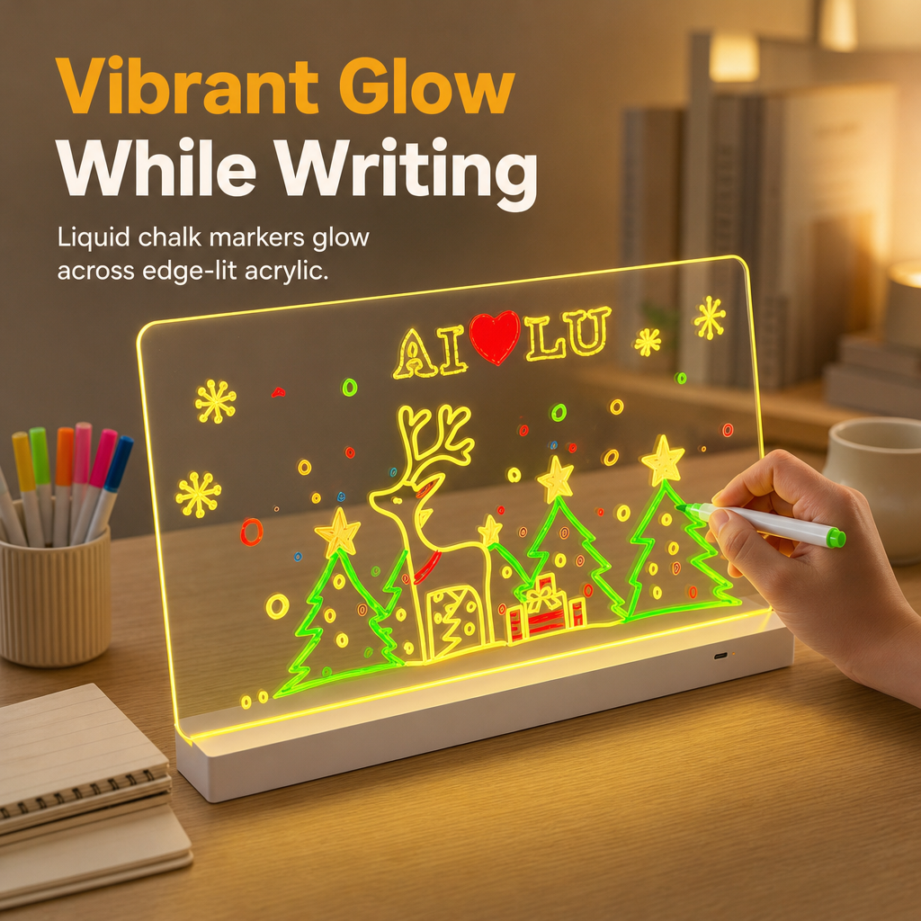 Wiederaufladbares LED-Acryl-Notizboard – Leuchtende trocken abwischbare Schreibtafel mit Ständer für Notizen & Preisanzeigen