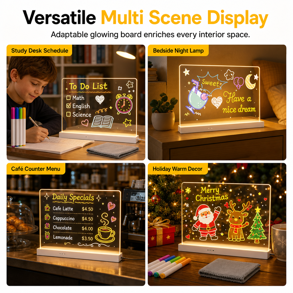 Wiederaufladbares LED-Acryl-Notizboard – Leuchtende trocken abwischbare Schreibtafel mit Ständer für Notizen & Preisanzeigen