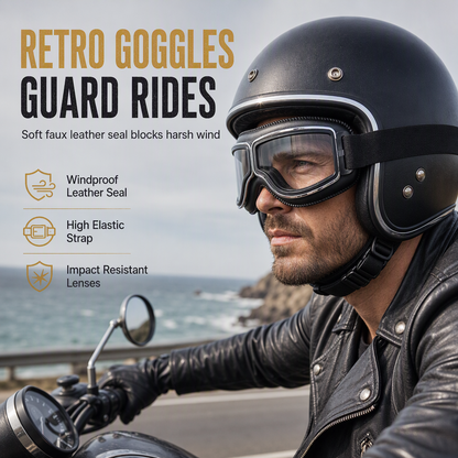 📢📢 50 % Rabatt!! ⏰ Retro-Motorradbrille im Vintage-Look – Winddichte Fahrbrille für Cruiser-Helm & Off-Road / Motocross