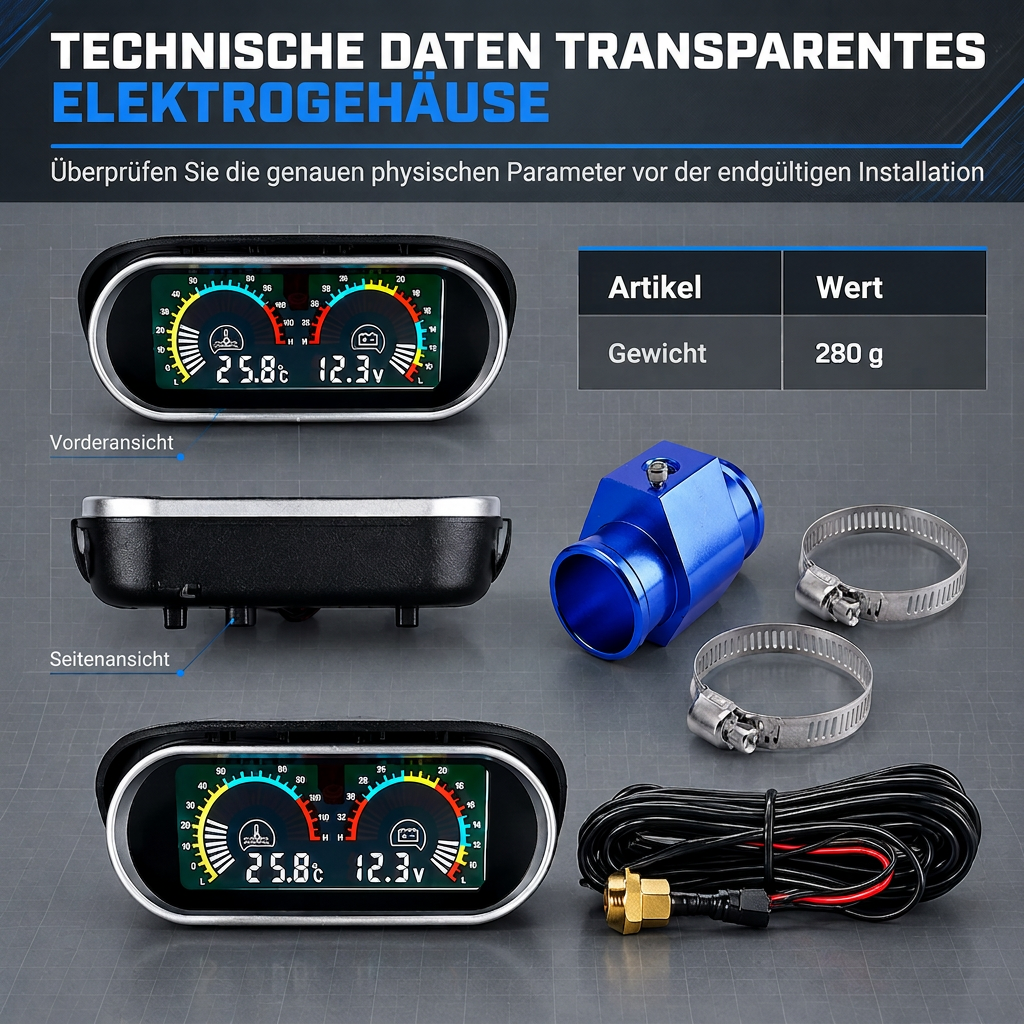 📢📢50% RABATT !!⏰Universelles 12V 24V Horizontal-LCD-Anzeigegerät für elektronische Wassertemperatur und Spannung, mit 32mm T-Stück-Adapter