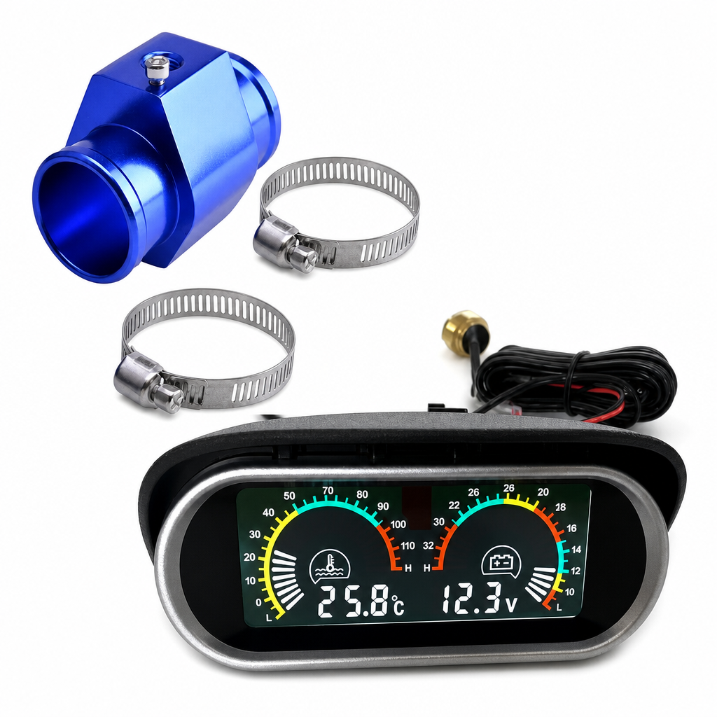 📢📢50% RABATT !!⏰Universelles 12V 24V Horizontal-LCD-Anzeigegerät für elektronische Wassertemperatur und Spannung, mit 32mm T-Stück-Adapter