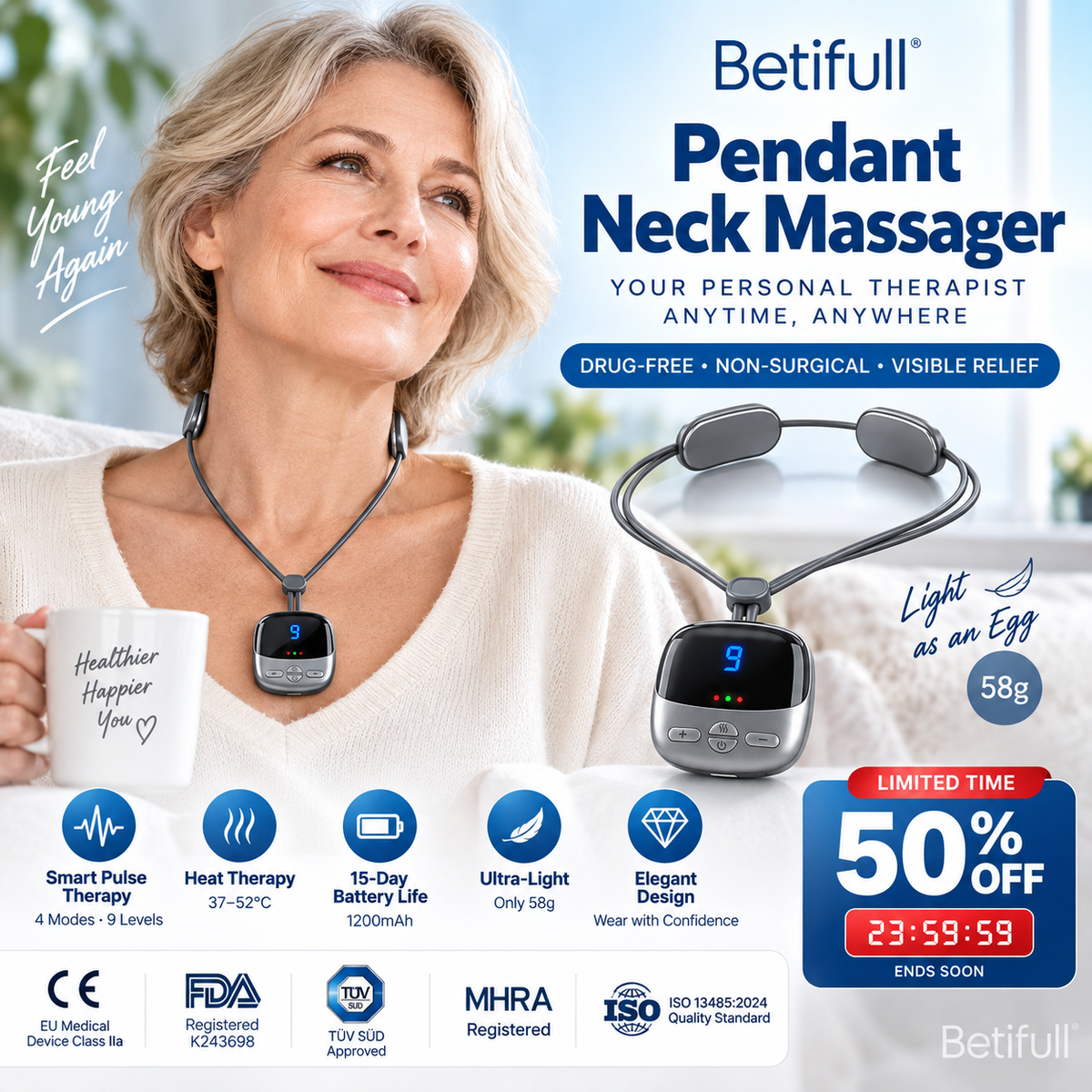 🔥50 % Rabatt🔥💞50K+ SOLD! 🧘‍♀️💆 50% OFF! Pendant Neck Massager – wearable design, 3 heat levels & 9 intensities melt away stiffness. No more painkillers – gentle electrical pulses relax deep neck muscles naturally! 🔥💚