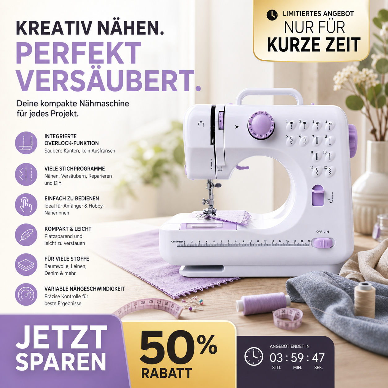 🧵 50% RABATT! 🛍️ Mini-Nähmaschine für Zuhause – 12 Stiche, robust & kompakt – Ideal für Reparaturen & DIY-Projekte ✂️