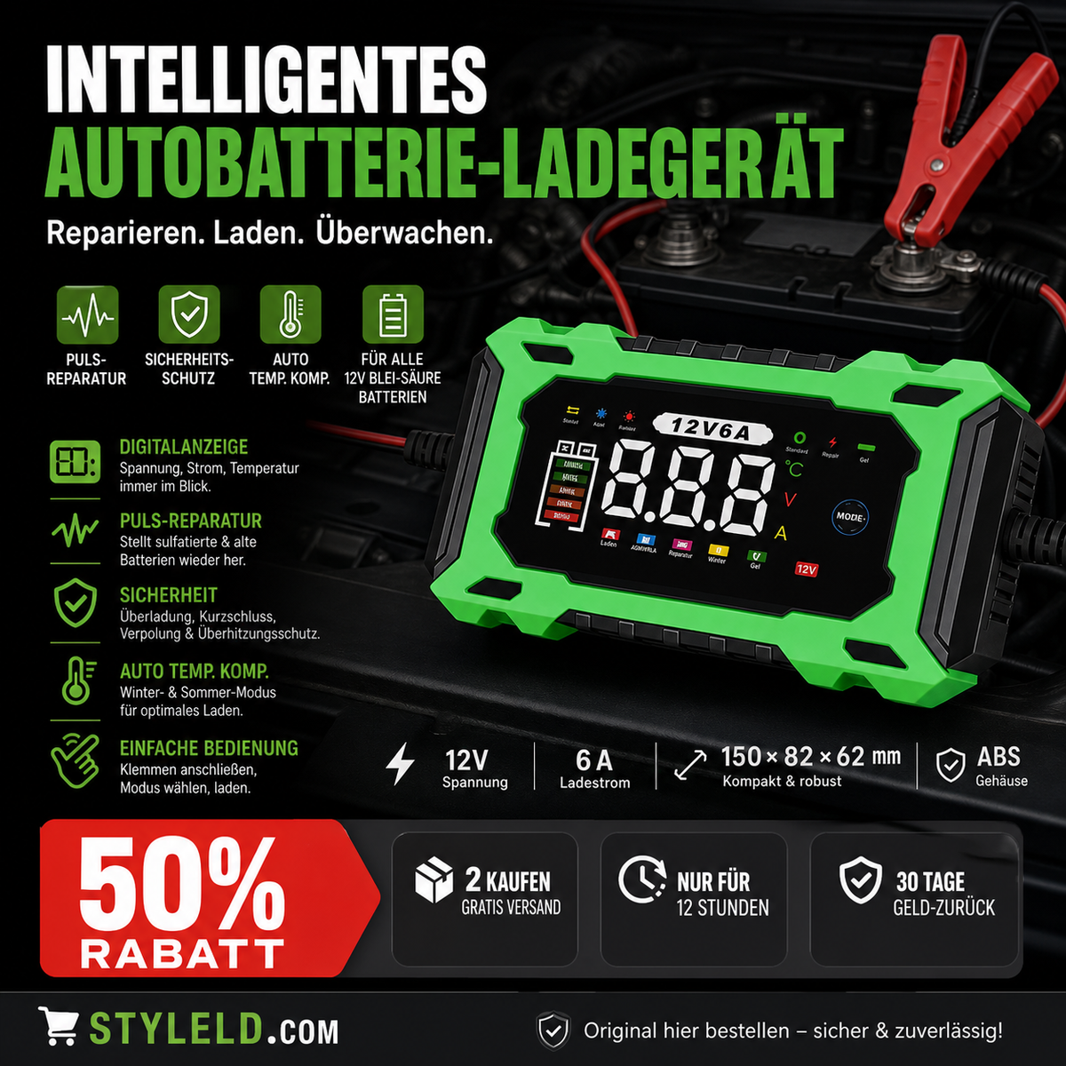 🔥Zeitlich begrenztes Angebot-Intelligentes 12-V-Autoladegerät mit 6 A und Impulsreparaturfunktion